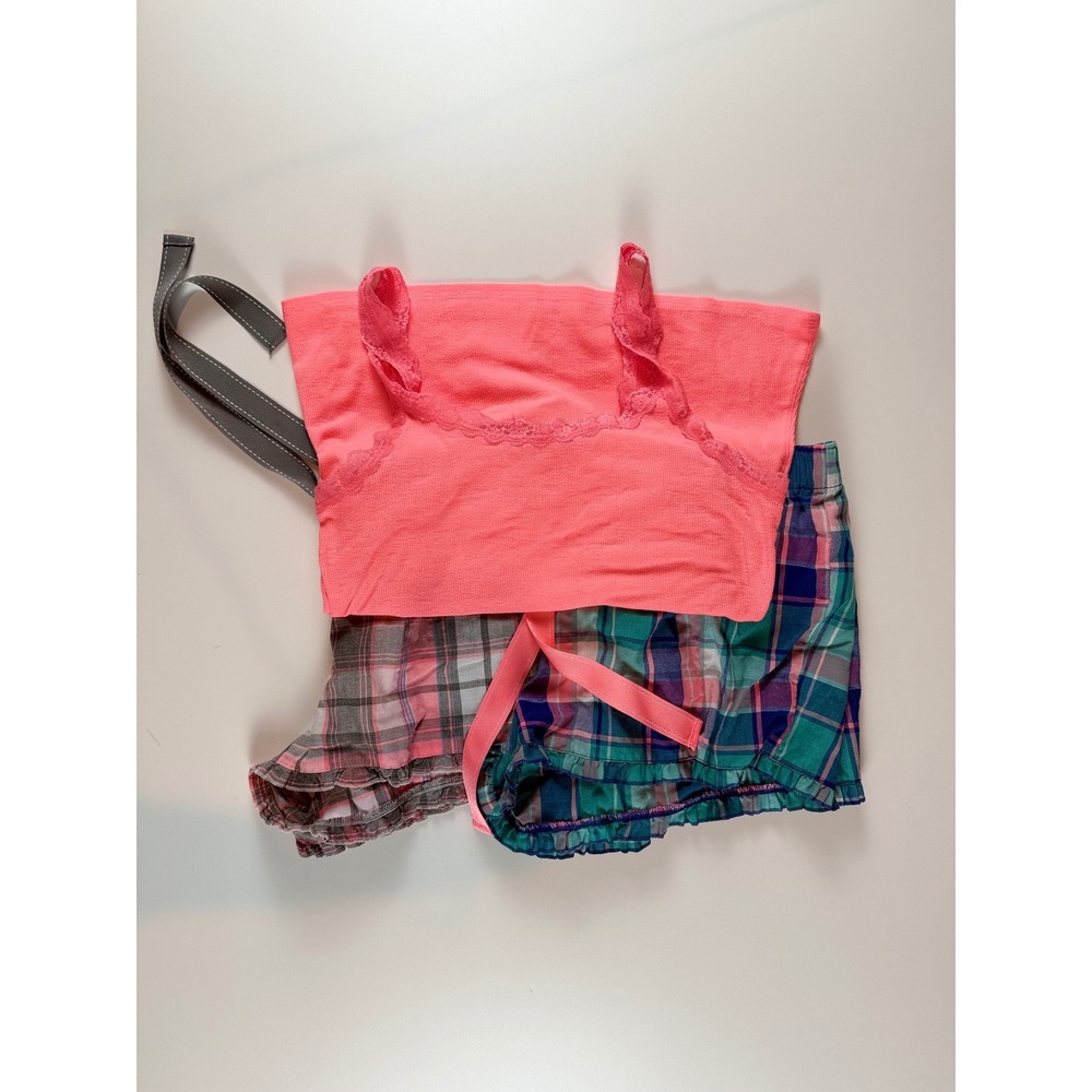Jenni Intimates Pajama‎ Set Neon Pink Lace Camisole Plaid Ruffle Shorts Large